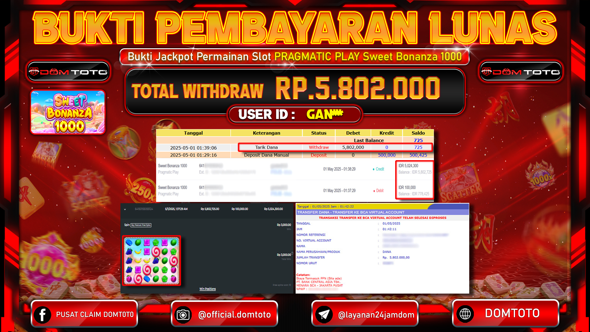 JACKPOT SLOT SWEET BONANZA 1000 01 MEI 2025